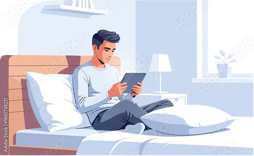 Man relaxing in bed, engrossed in his tablet, with soft lighting and room decor
