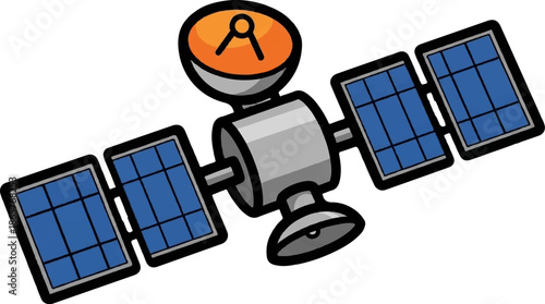 A stylized satellite with blue solar panels and an orange dish antenna orbits in space