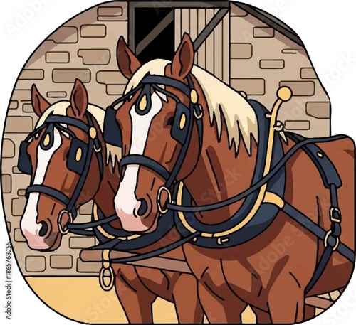 Two brown workhorses with harnesses stand before a brick building