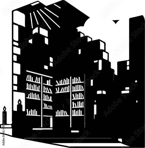 Interior library silhouette with a candle and a silhouette of a person