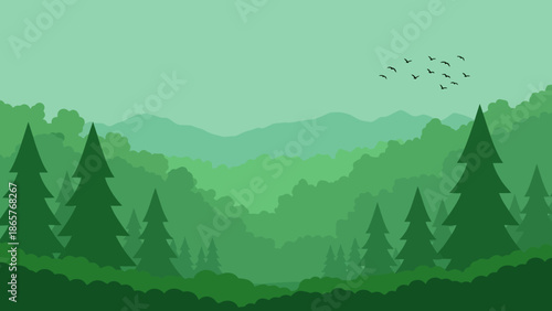 Serene forest landscape with layered hills and flying birds.