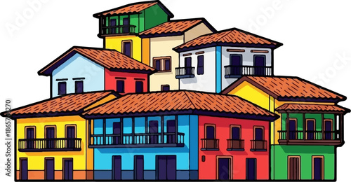 A cluster of brightly colored, tiled-roof buildings with balconies and dark windows