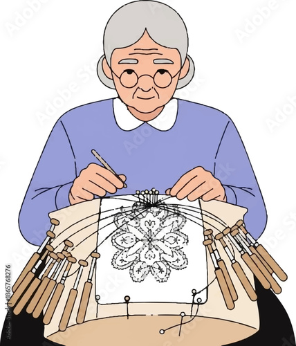 Elderly woman creates intricate lace artwork with threads and bobbins