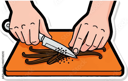 Hands using knife to scrape vanilla beans on orange cutting board