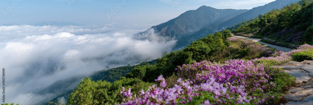 Fototapeta premium Majestic mountain landscape with vibrant flowers and cloud-covered sky