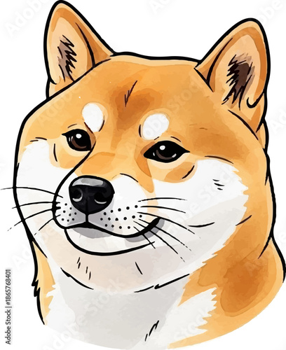 A charming watercolor portrait of a Shiba Inu dog's face on a white background
