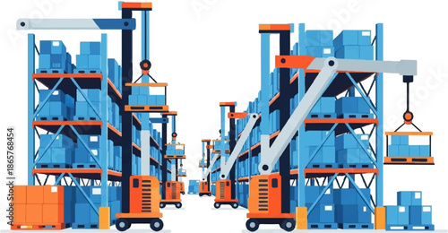 Rows of tall blue shelves filled with boxes in a warehouse, with orange machinery