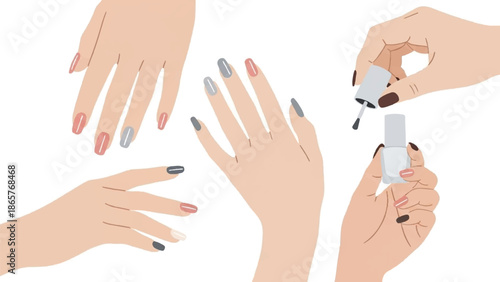 Multiple hands with colorful painted nails are displayed, one holding a nail polish bottle