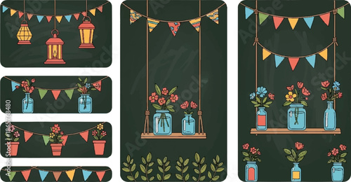 Colorful party banners, lanterns, floral arrangements in jars, and potted plants decorate a chalkboard