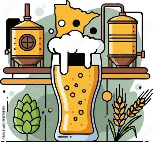 Brewery equipment surrounds a glass of frothy beer, with hops and barley, and a state map