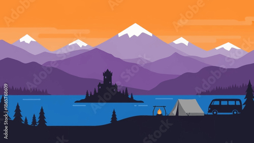 Camping Scene with Mountains and Lake at Sunset.