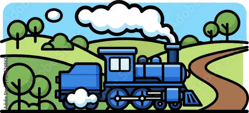 Blue steam train chugs through a green countryside with a winding brown track