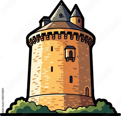 An illustrated medieval tower with multiple conical roofs and crenellations, set against a white background