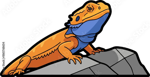 A cartoon illustration of an orange lizard with a blue throat and spikes on its head, sitting on rocks
