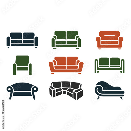 Collection of different types of sofa icons in various colors