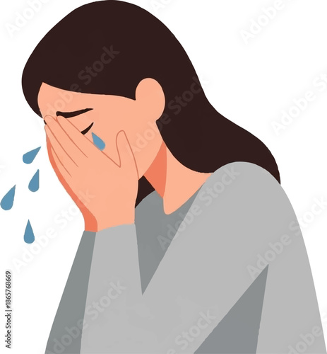 Woman crying, tears falling, face buried in hands, emotional distress depicted