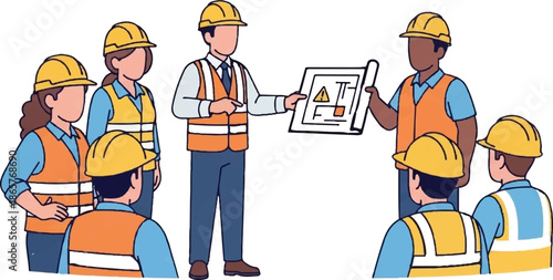 Team of construction workers in yellow hard hats and orange vests gathered around a blueprint