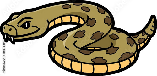 A cartoon illustration of a coiled brown snake with dark irregular spots, sharp fangs, and an intense expression