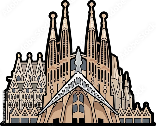 Stylized depiction of a grand, ornate religious structure with tall spires and intricate facade details
