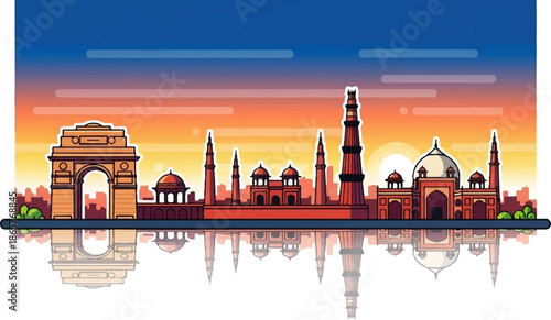 Pixel art silhouette of Indian landmarks reflected in water at sunset
