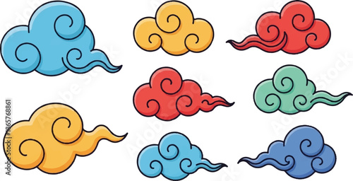 An array of eight stylized clouds in various vibrant colors and swirling shapes