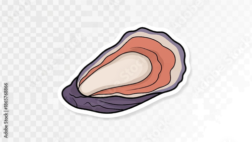 A stylized illustration of an opened oyster with colorful interior layers