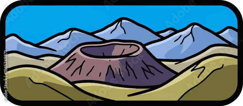 Stylized depiction of a volcano with surrounding hills and snow-capped mountains under a clear sky