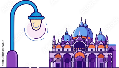 Stylized illustration of a Venetian building with a smiling lamppost in front