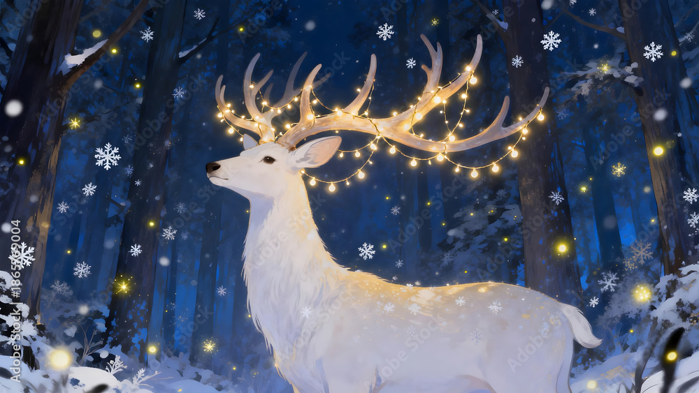 Obraz premium A mythical white deer glowing in a magical winter forest