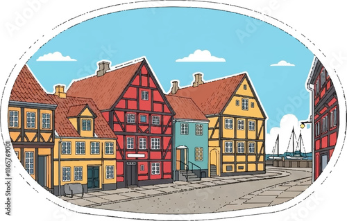 A picturesque European waterfront town with colorful half-timbered buildings