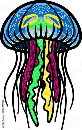 Stylized blue jellyfish with colorful, wavy tentacles adorned with geometric patterns