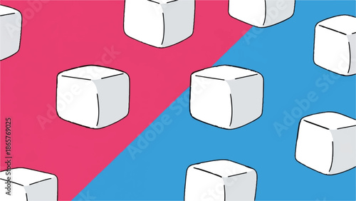 Geometric cubes on a split pink and blue background, creating a vibrant, abstract pattern