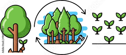 Simple graphic depicting the life cycle of trees, from saplings to forests, with a harvest