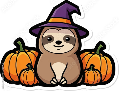 Adorable sloth in a witch hat smiles amidst pumpkins, celebrating a spooky season