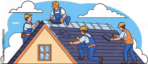 Workers install roofing tiles on a house gable under a cloudy sky