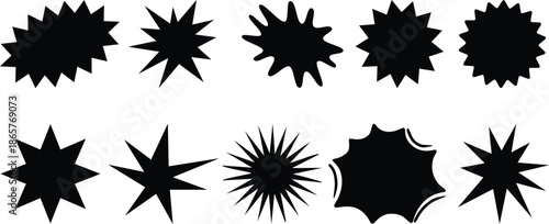 Illustration of six black shapes including two starbursts a banner a rectangle a circle and a shield shape editable eps vectors silhouette.Scattered black starburst shapes form a simple abstract