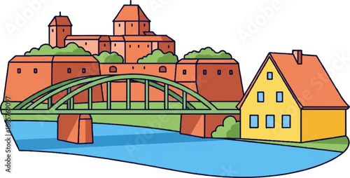A charming riverside scene featuring an old fortress and a cozy home, connected by a bridge