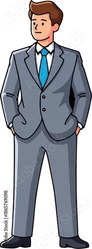 Cartoon man in a gray suit and bright blue tie, hands in pockets