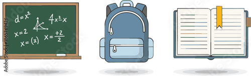 Back to school illustration with chalkboard, backpack, and notebook in cartoon style with bright colors and clean lines for educational materials