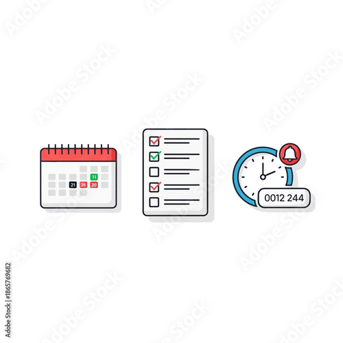 Calendar Checklist and Alarm Clock in Flat Design with Bright Colors and Simple Shapes for Productivity