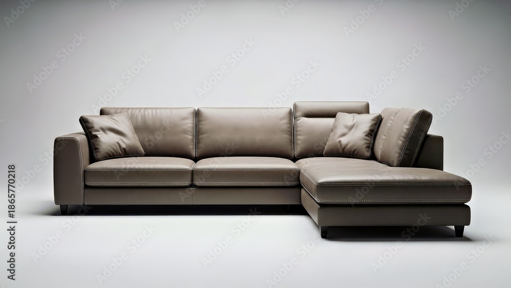 Obraz premium Elegant Brown Leather Sectional Sofa With Pillows Modern Living Room Furniture.jpg