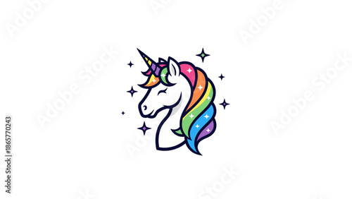 Colorful Unicorn Head with Rainbow Mane and Sparkling Stars.