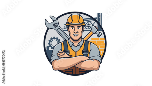 Confident Construction Worker with Tools and Gear.