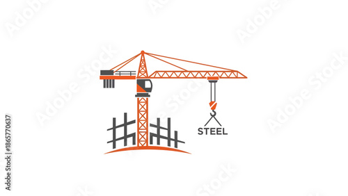 Construction Crane Lifting Steel Beams at Building Site.