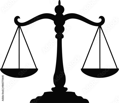 A classic black silhouette of the traditional scales of justice stands balanced on a white background