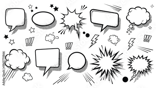 Hand drawn comic book speech bubbles and sound effects isolated on white