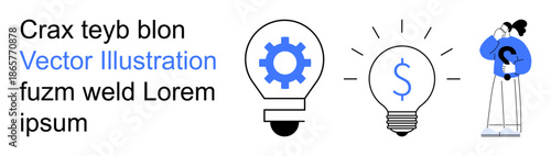 Innovation, creativity, finance, problem-solving, business development, teamwork. Gear inside a bulb, currency in a lit bulb person holding a question symbol. Innovation and creativity theme