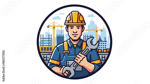 Construction worker holding a large wrench tool.