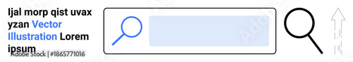 Online research, search optimization, web applications, data discovery, navigation tools, digital interfaces. A search bar with magnifying glass icons. Online research and search optimization concept