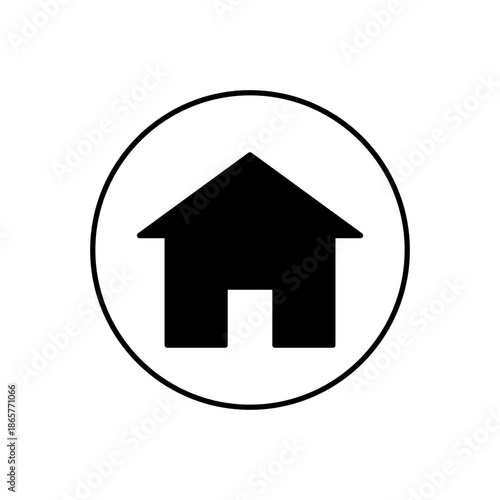 Minimalist black house icon in a circle, representing home, shelter, or a button